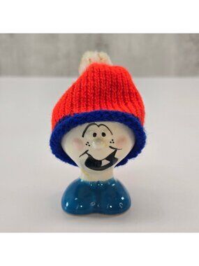 Vintage Ceramic Egg Cup With Knitted Hat Red & Blue Quirky Kitchen Decor VL5097